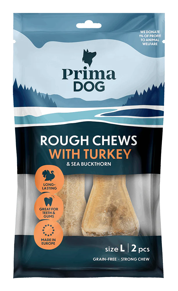 PrimaDog Rough Chews Kalkon & Havtorn L 13,5 cm, 140 g x 11-påsar