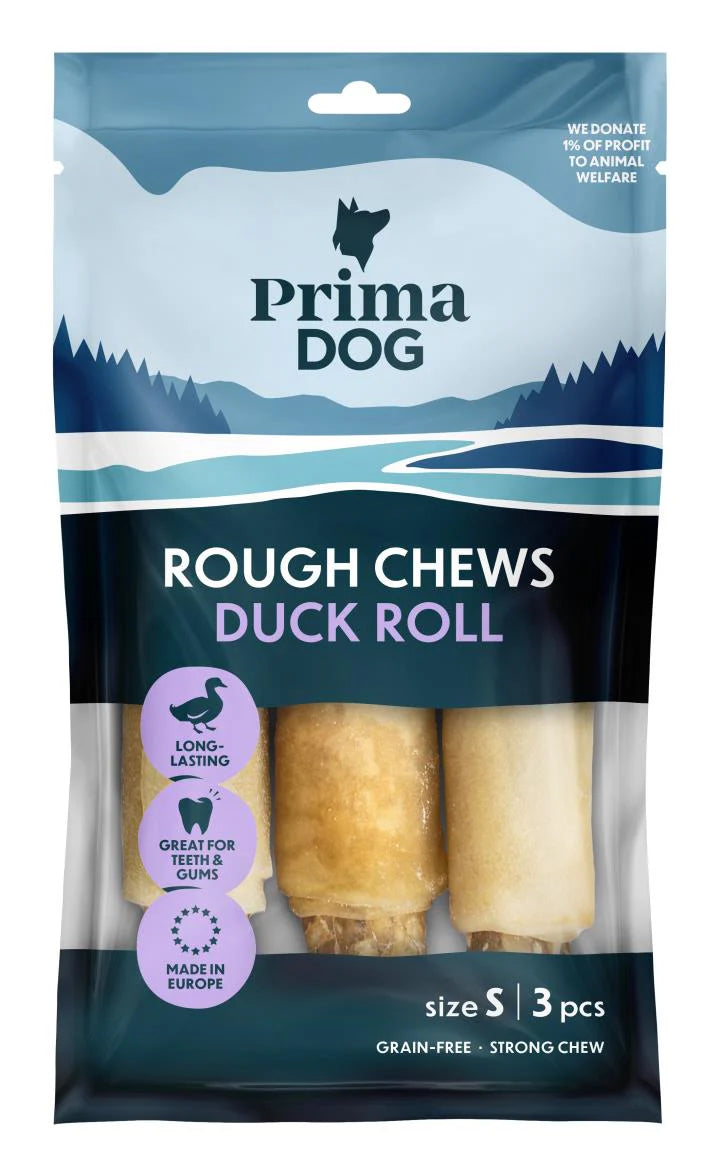 PrimaDog Rough Chews Tuggrulle med Anka S 13 cm, 150 g x 10-påsar